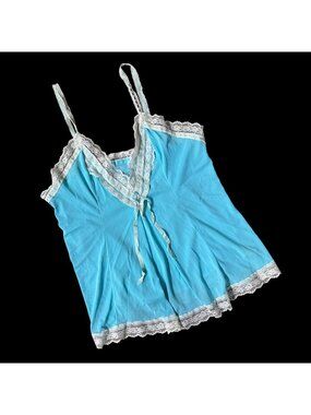 Vintage Camisole Pajama Top Fredericks Of Hollywood 70s Blue Lace Size Large USA